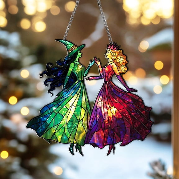 Elphaba & Glinda Acrylic Suncatcher – Wicked Faux Stained Glass Window Hanging Wizard Of Oz Witch Decor Christmas Movie Character Ornament