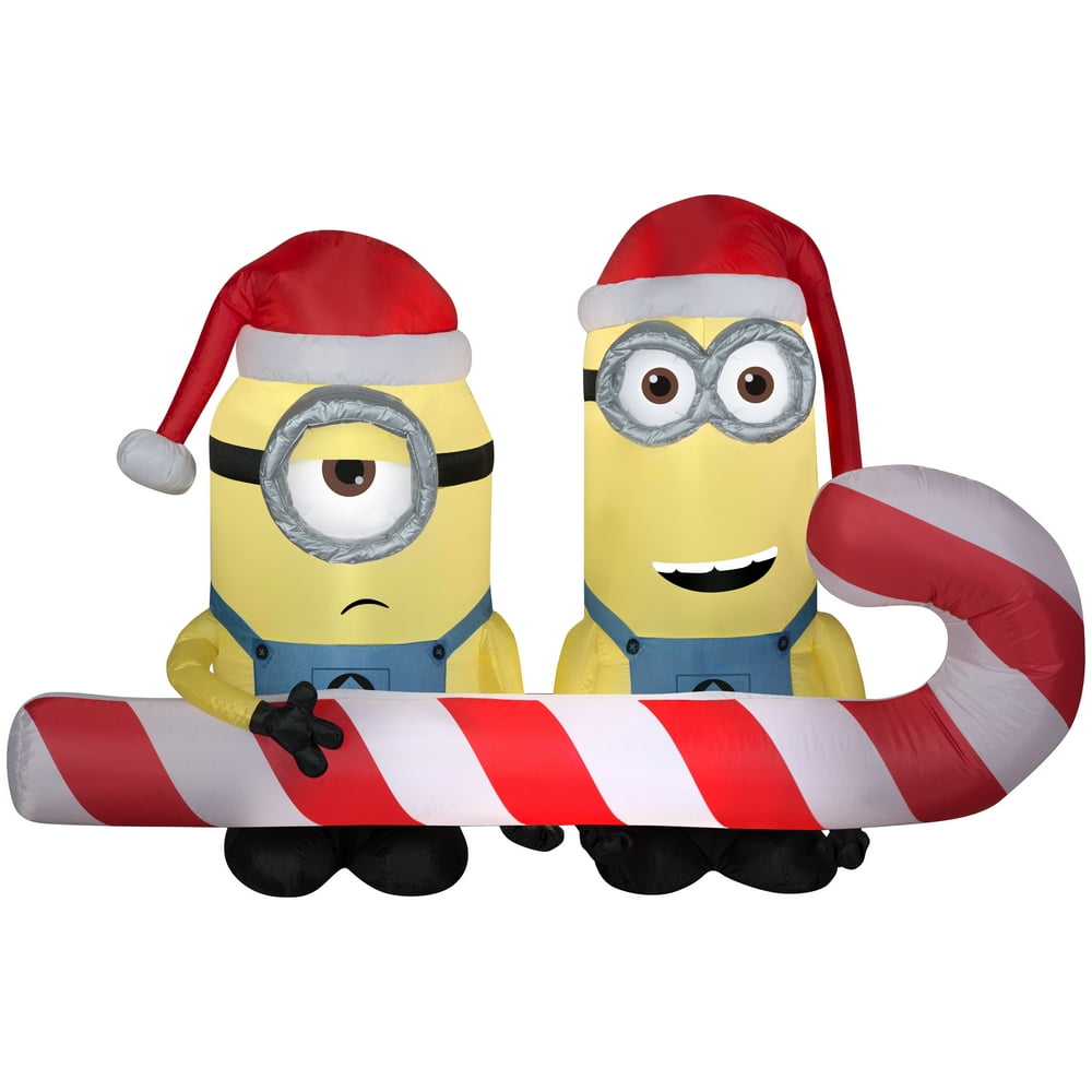 Gemmy Christmas Airblown Inflatable Minions Carrying Candy Cane Scene