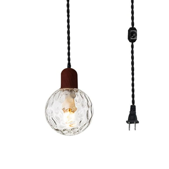 KAYYELAMP 15ft Dimmable Cord Plug-in Pendant E26 Walnut Base Clear Glass Ball Retro Hanging Light for Kitchen Farmhouse(No Bulb)
