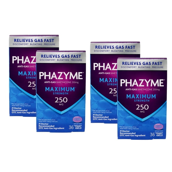 Phazyme Gas Relief Simethicone Anti Gas Fast Gels Maximum Strength 250 mg Bloating Pressure Discomfort, 36 Count (Pack of 4)