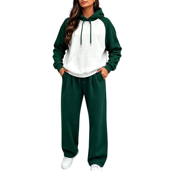 Yigetop Women's Hooded 2 Piece Tracksuit Outfit, Loose Sweatsuit with Wide Leg Pants Casual Athleisure Fall Sets Blackish Green L
