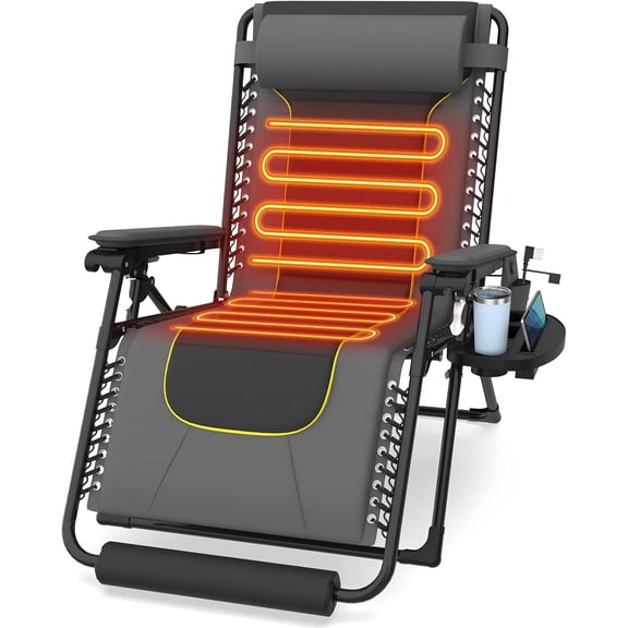 Oswerpon Heated Zero Gravity Chair, Reclining Camping Chair with Headrest, Large Cup Holder and Footrest, Patio Lounge Recliner for Indoor Outdoor,Gray (NO Battery)