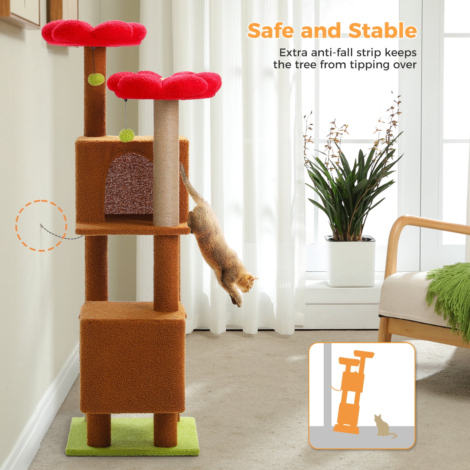 PEQULTI 52'' Flower Cat Tree for Indoor Pet Cute Cat Tower with Large Perch and Spacious Condo Brown