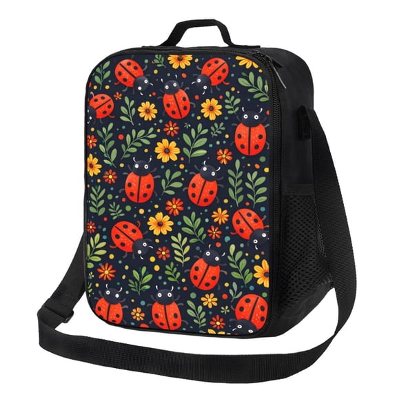 Floral Ladybug Lunch Bag Insulated Thermal Lunch Box with Shoulder Strap & Handle for Women and Men