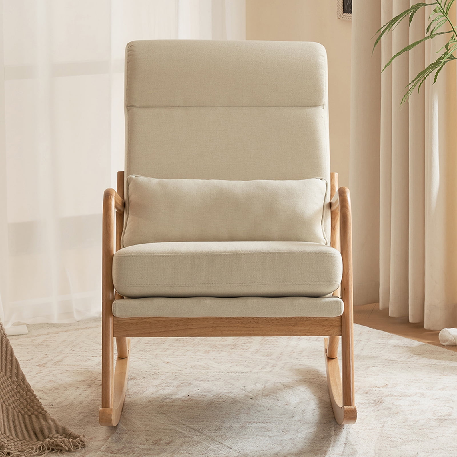 UWR-Nite Rocking Chair Nursery, 25.2" High Backrest Mid-Century Rocking Chair with Wooden Armrest Upholstered Glider Rocker with Free Lumbar Pillow for Living Room