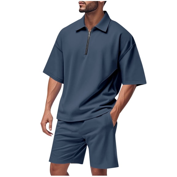 Rvwovn Men's Casual Matching Set Quarter-Zip Shirt and Shorts Oversized Fit Lightweight 2-Piece Outfit