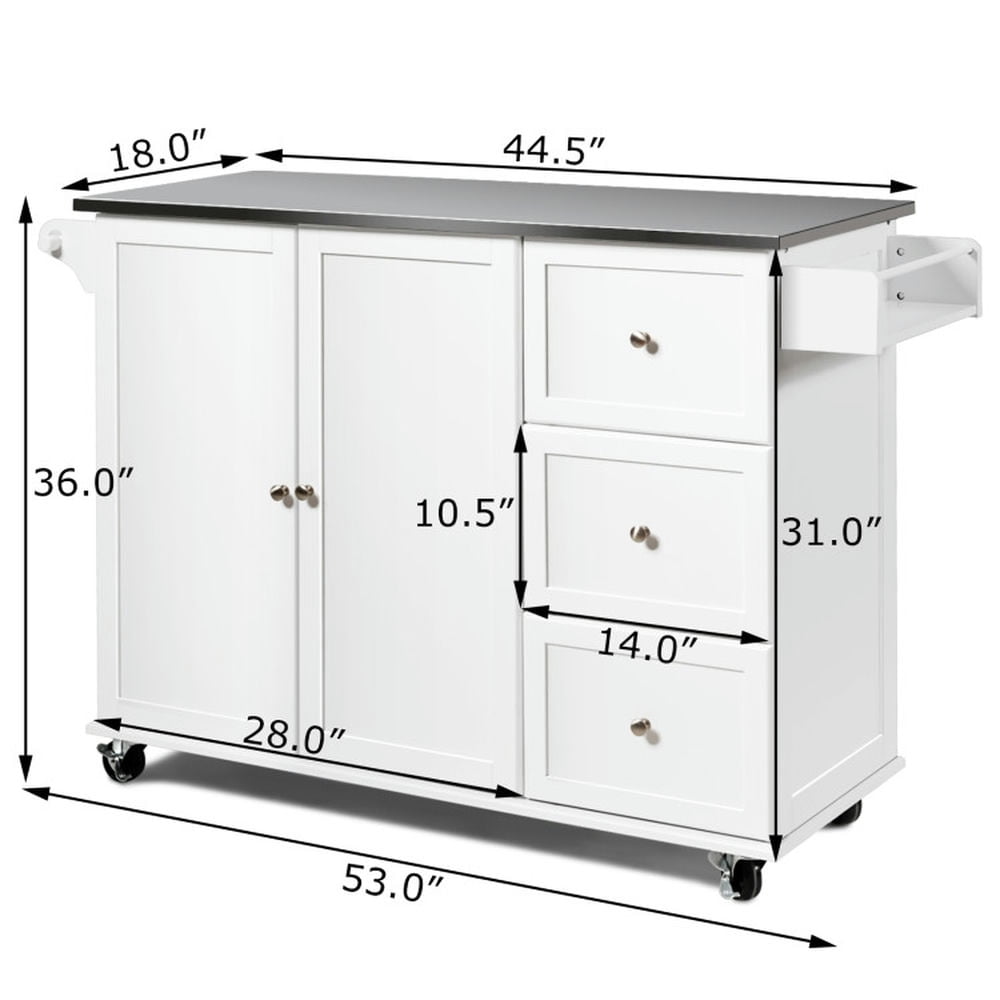 Finihen Rolling Storage Cabinet Cart, Kitchen Island Cart, Kitchen Island 2-Door Storage Cabinet with Drawers and Stainless Steel Top, for Kitchen, Dining Room, White Finihen Rolling Storage Cabinet Cart, Kitchen Island Cart, Kitchen Island 2-Door Storage Cabinet with Drawers and Stainless Steel Top, for Kitchen, Dining Room, White