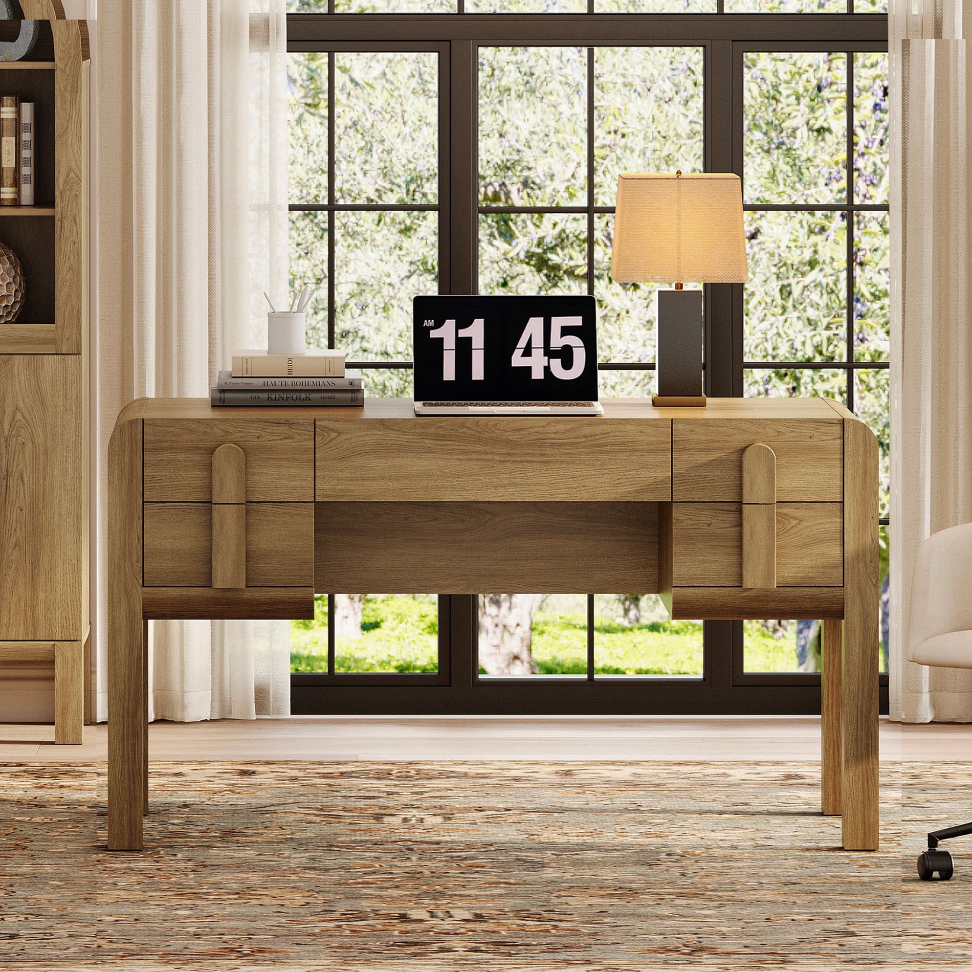 53.5"W Mid-century Modern Executive Desk with 5 Drawers , Home Office Desk With Charging Station，Wood Computer Desk With Curved Profile Design，Standing Desk For Business Furniture Set Workstation