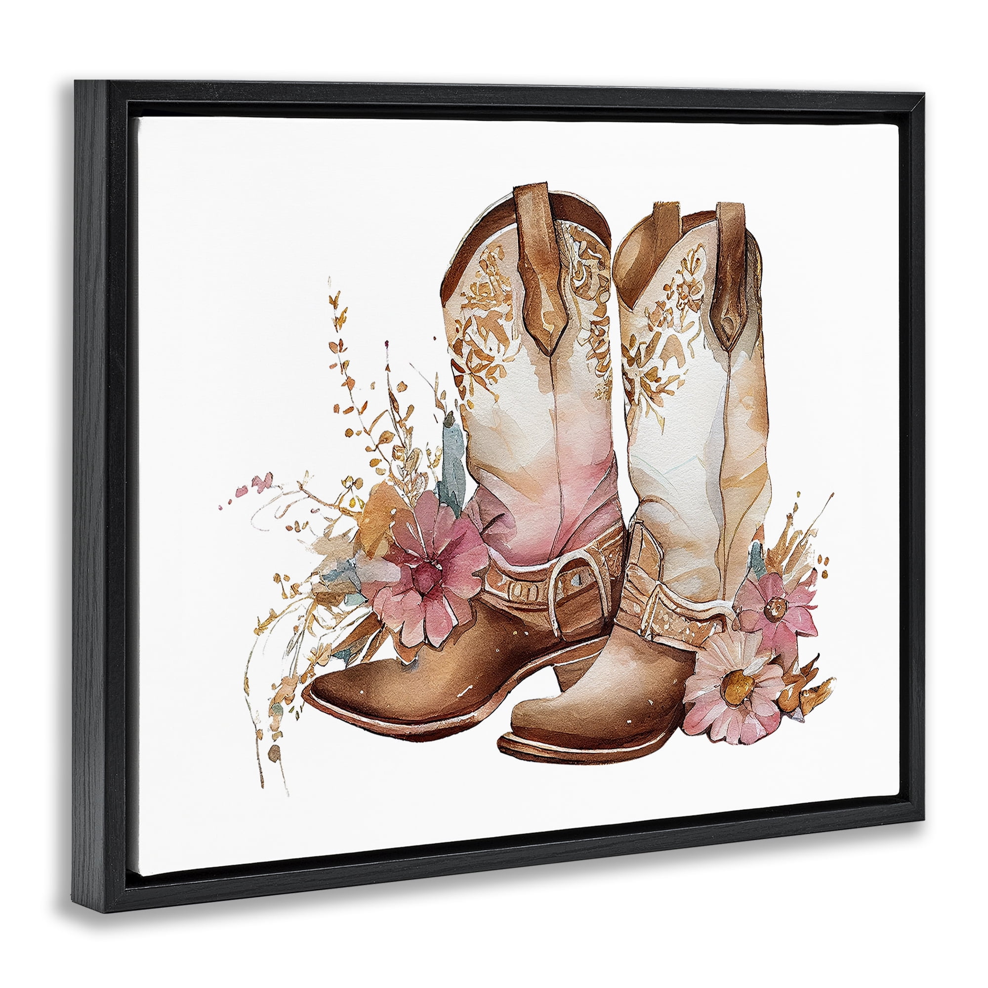Stupell Industries Blooming Cowboy Boots Plants & Flowers Painting Black Floater Framed Canvas Art Print Wall Art, 31 x 25