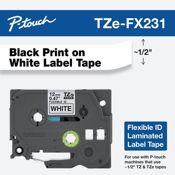 Brother TZEFX231 Label Maker Tape, 0.47"W, Black on White