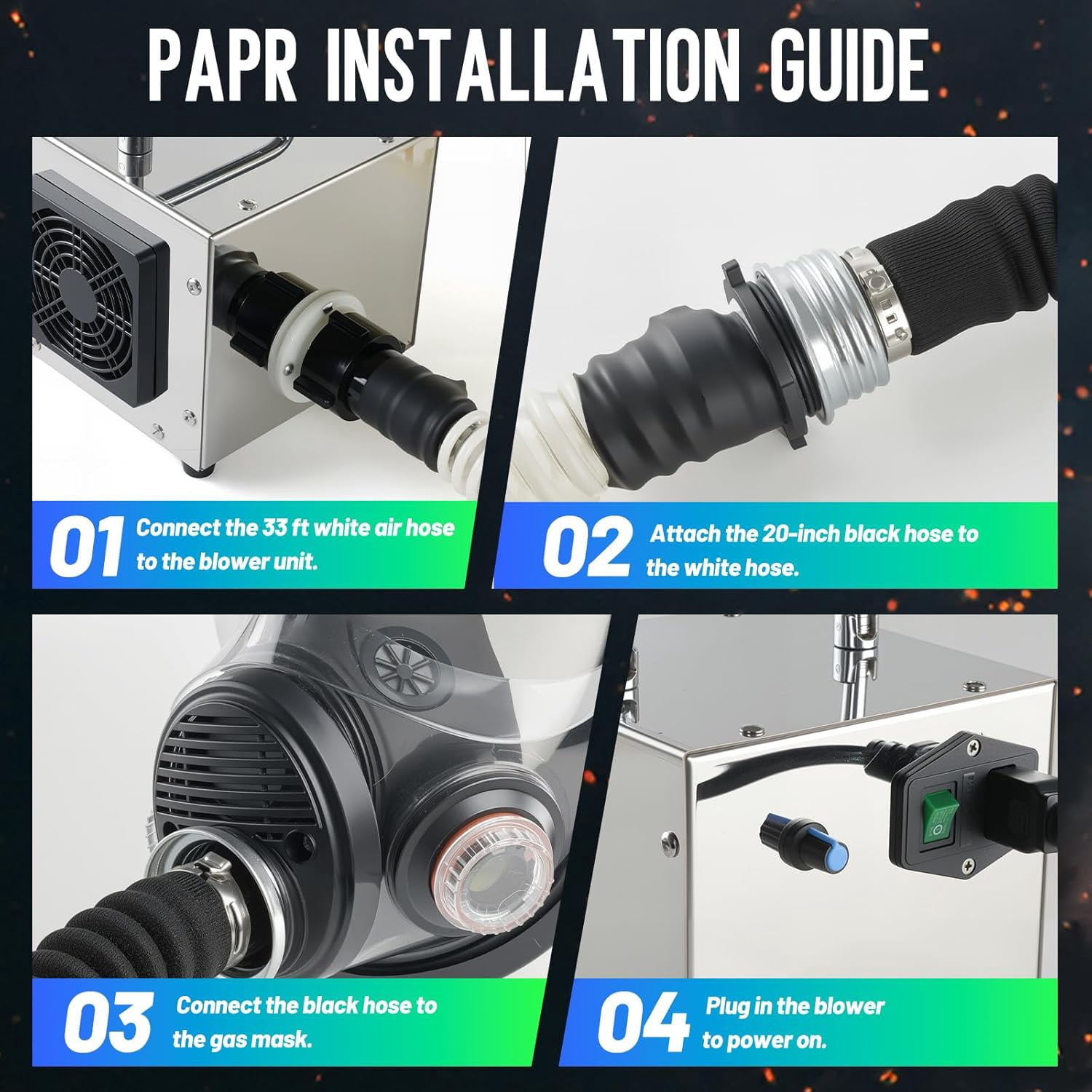 Portable PAPR Respirator System - High-Efficiency Powered Air Purifying Respirators with 33ft Long Hose - Large Airflow Supplied Air Respirator for Tunnel Construction Industrial