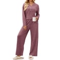 thumbnail image 2 of Usloyux Women's 2 Piece Lounge Set V Neck Long Sleeve Pullover Top and Wide Leg Pants Matching Tracksuit Outfits with Solid Casual Style, Purple XL, 2 of 8