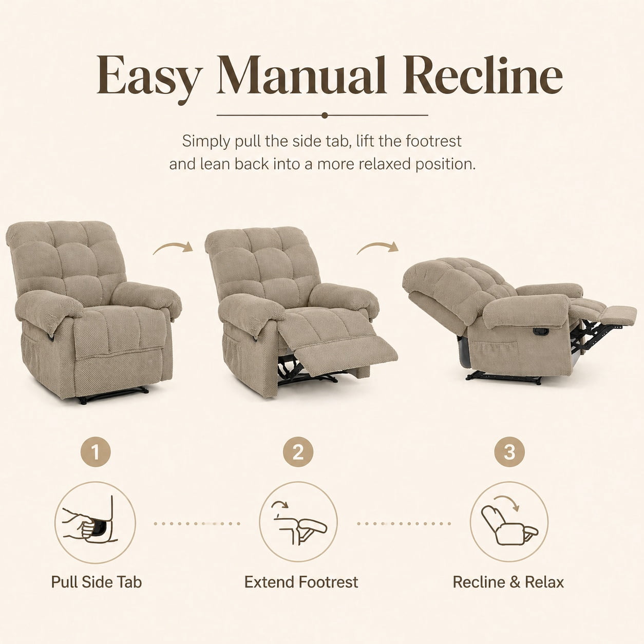 Miniyam Overstuffed Recliner Chair with Plush Armrests, Adjustable Ergonomic Recliner, 105° to 165° Reclining, Camel