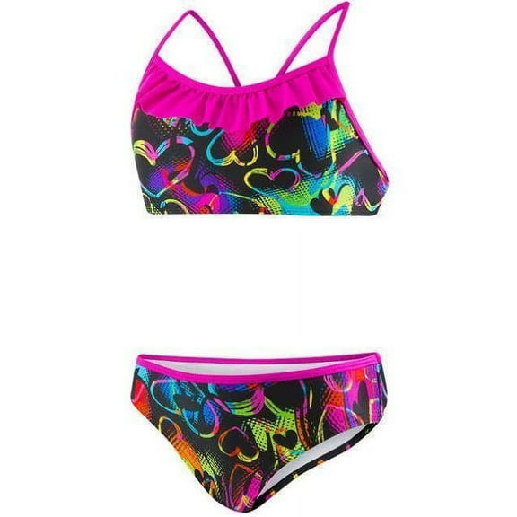 Speedo Girls Black / Pink Heart 2 Piece Swimsuit size 14