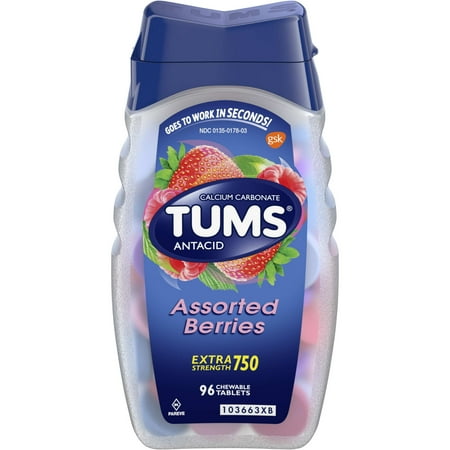 TUMS Antacid Chewable Tablets, Extra Strength for Heartburn Relief, Assorted Berries, 96 count