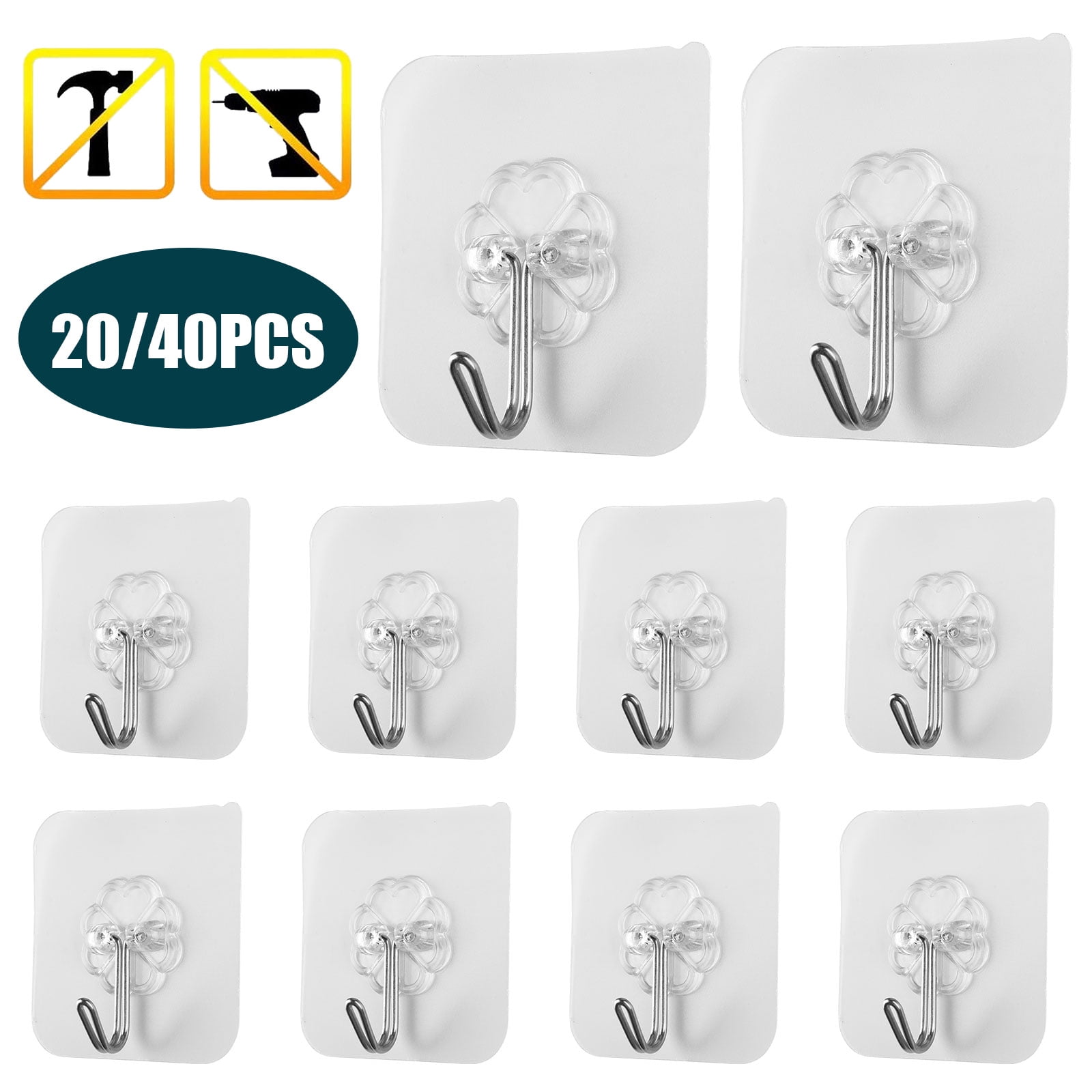 TSV 40/20pcs Self Adhesive Wall Hooks 15KG(Max) Heavy Duty Wall Hook