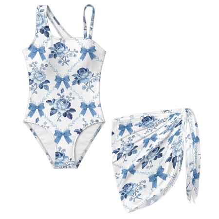 Xoenoiee Blue Rose Bow Pattern Little Girls One Piece Swimsuits with Cover Ups Quick Dry Beach Swimwear Breathable Bathing Suit for Beach Vacation Size 13-14 Years