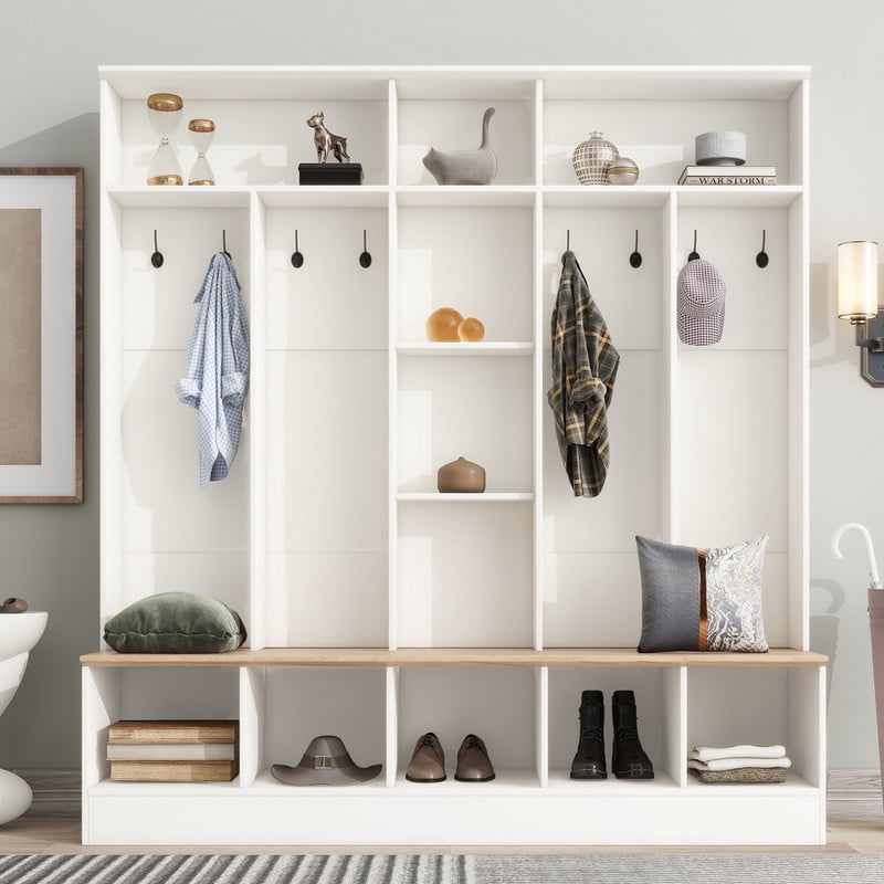Modern Hall Tree with Storage Bench, Entryway Coat Rack with 8 Hooks, Shoe Cabinet with 5 Cube Compartments and Shelves, Multifunctional Mudroom Organizer for Entryway, Hallway, Living Room
