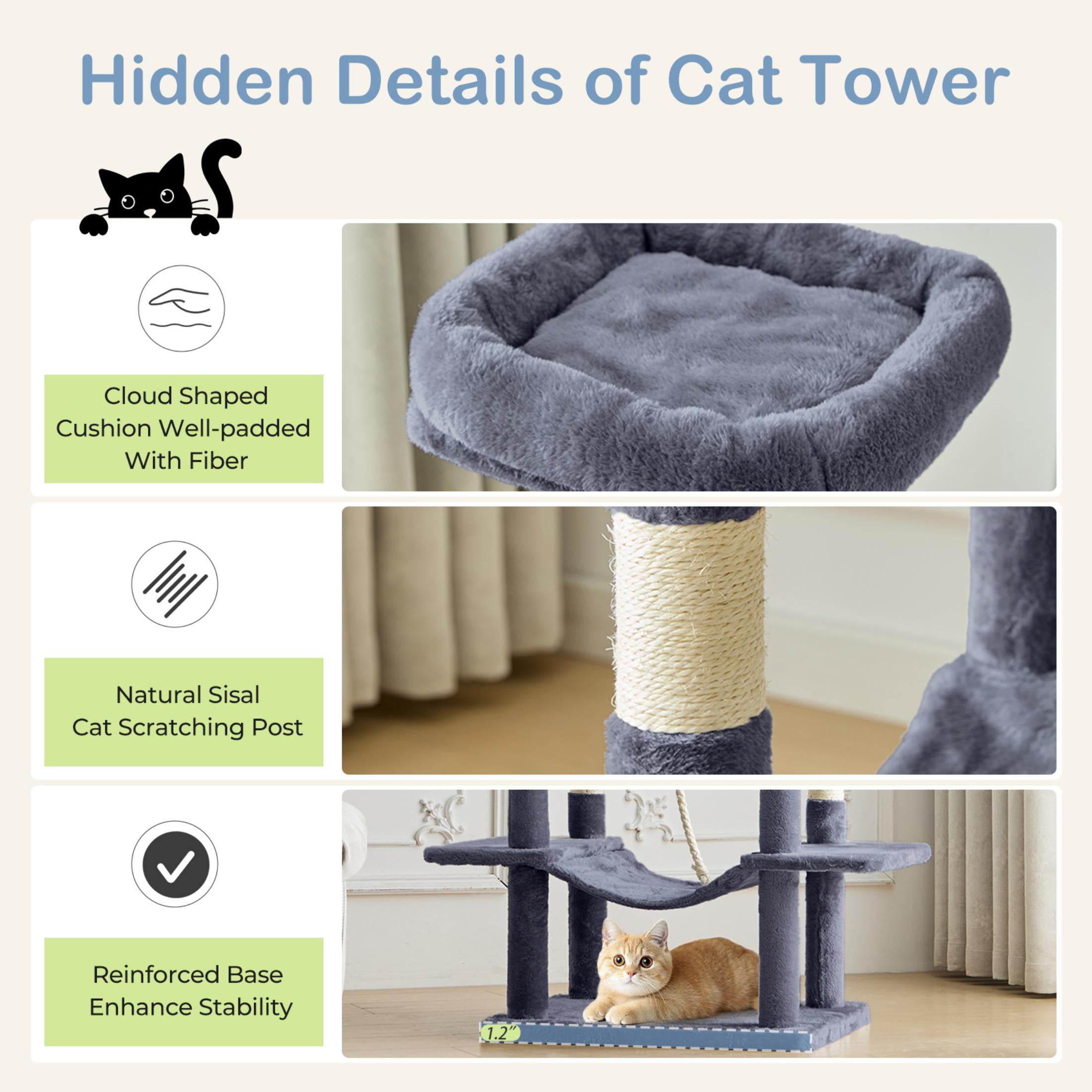 EDX 66" Cat Tree Tower for Indoor Cats, Multi-Level Durable Cat Climbing Tower, Large Pet House with Natural Sisal Scratching Post, Cozy Condo, Extended Platform, Kitten Toy and Hammock, Dark Grey