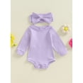 thumbnail image 2 of FEORJGP Toddler Baby Girls One-piece Jumpsuits 0 3M 6M 9M 12M 18M Infant Long Sleeve Rompers Solid Color Ribbed Bodysuits and Cute Headband Set Kids Lal 2 Piece Daily Outfits for Spring Fall, 2 of 7