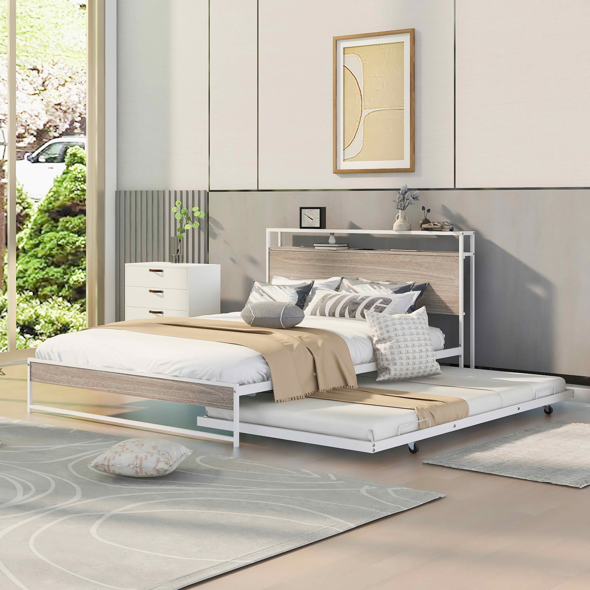 MAYEERTY Full Size Metal & Wood Daybed with Trundle, Headboard Shelves with USB & Socket, Sturdy Noise-Free Frame No Box Spring Needed