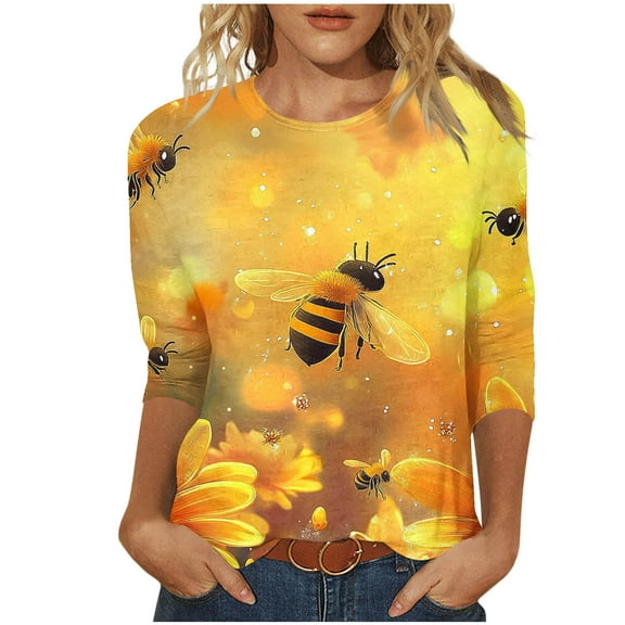 CYMMPU Loose Fit Crew Neck Spring Tops 3/4 Sleeve Blouses for Women Dressy Casual Flower Printed Tunic Tops Summer Fashion Shirts Lightweight Basic T-Shirts XL