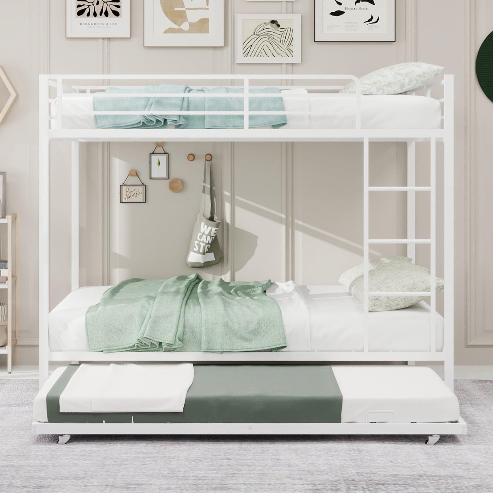 Miniyam Metal Full over Full Bunk Bed with Trundle, Space Saving Bunk Bed Frame with Ladder and Guardrails for Dorm, Apartment, White
