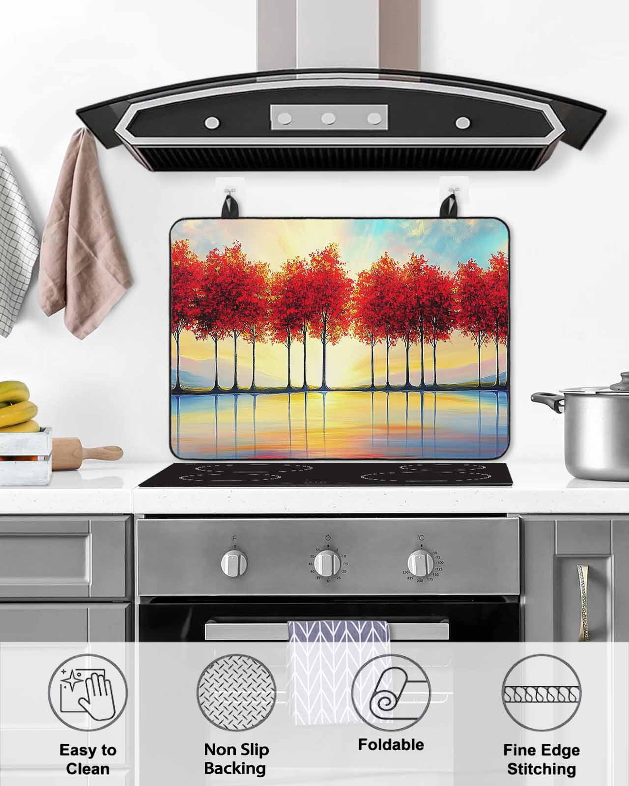 nqOlkjepod Large Induction Cooktop Protector Mat 24"x21", Red Trees Stove Top Covers for Electric Stove, Orange Blue Sunrise Reflection Retro Art Stove Burner Cover Mats, Glass Top Stove Cover