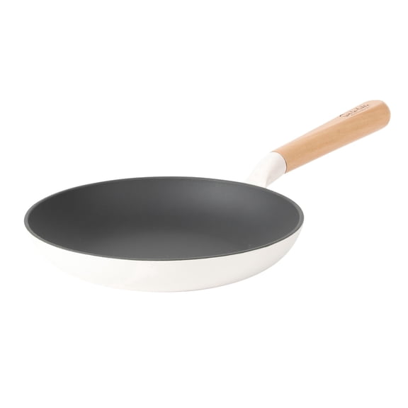 Sur La Table Kitchen Essential Main Canteen 9.5 Inch Pre-Seasoned Natural Nonstick lightweight Cast Iron Skillet with Wood Handle - White