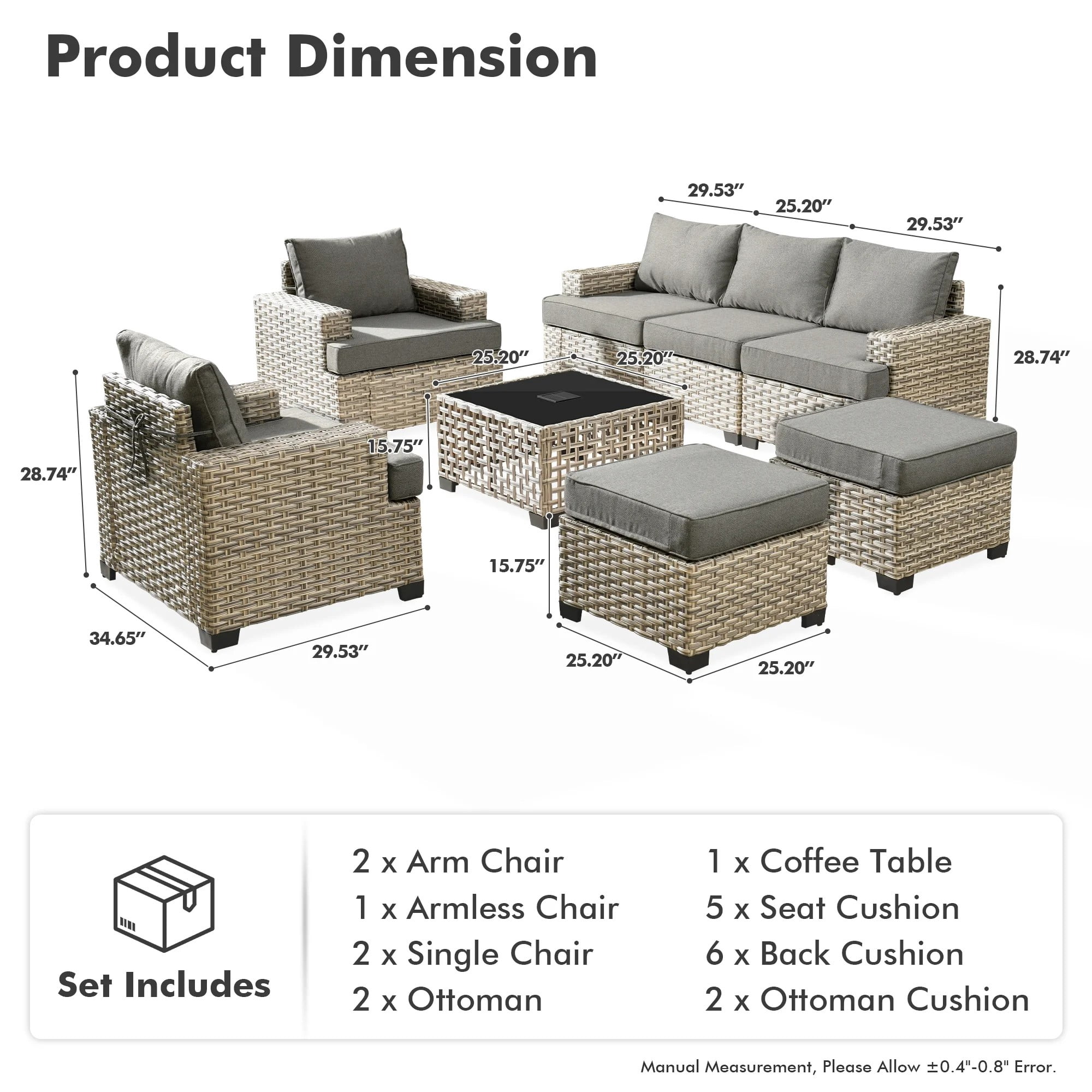 Vcatnet 8 Pieces Outdoor Patio Furniture Sectional Sofa PE Rattan Wicker Conversation Set with Solar Powered Coffee Table for Porch, Backyard, Dark Gray