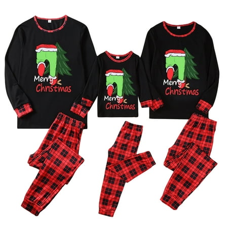 

Christmas Pajamas for Family Matching Green Monster Tops Plaid Pants Set XMAS Jammies for Women