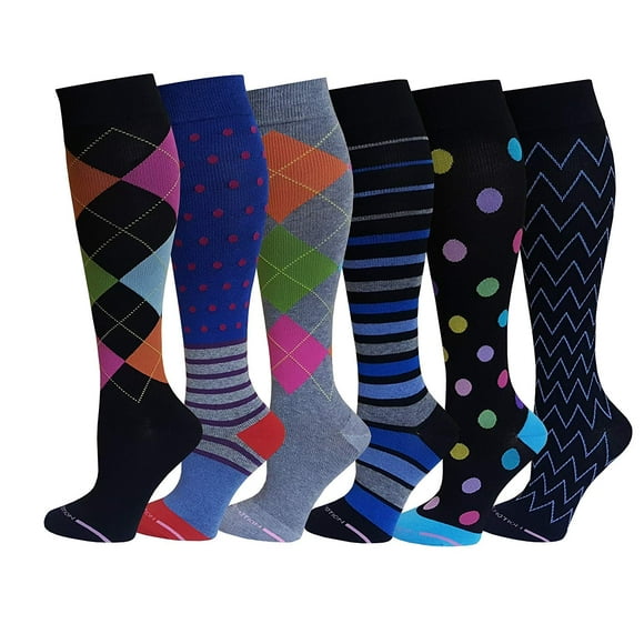 Lot de 6 Paires Femmes Dr Motion Bas Jusqu'aux Genoux à Compression Graduée (6 Pk Nouveaux Assortis)