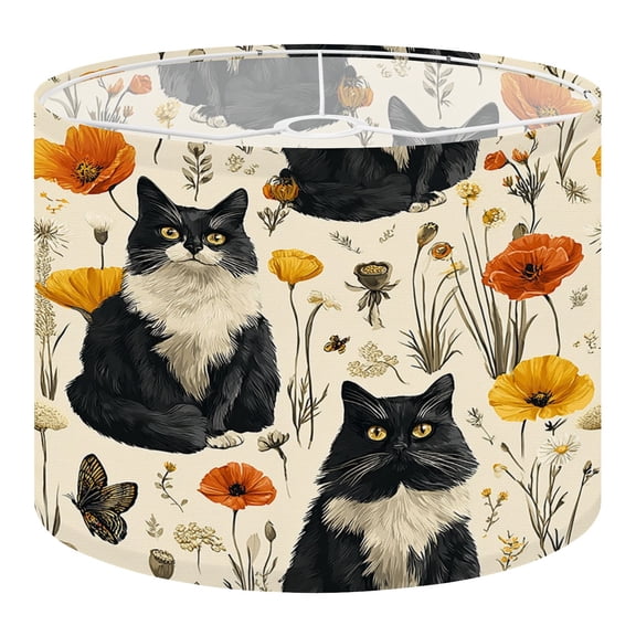 Cute Linen Drum Lampshades Black White Cats Surrounded by Flowers Butterflies 13"x13"x10" Light Shade for Table Lamps Floor Lamp Shades Lampshade Replacement Assembly Required