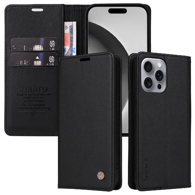 Funda para iPhone 16 Pro Max Estuche de Cuero PU Tipo Cartera con Ranuras para Tarjetas y Cierre Magnético