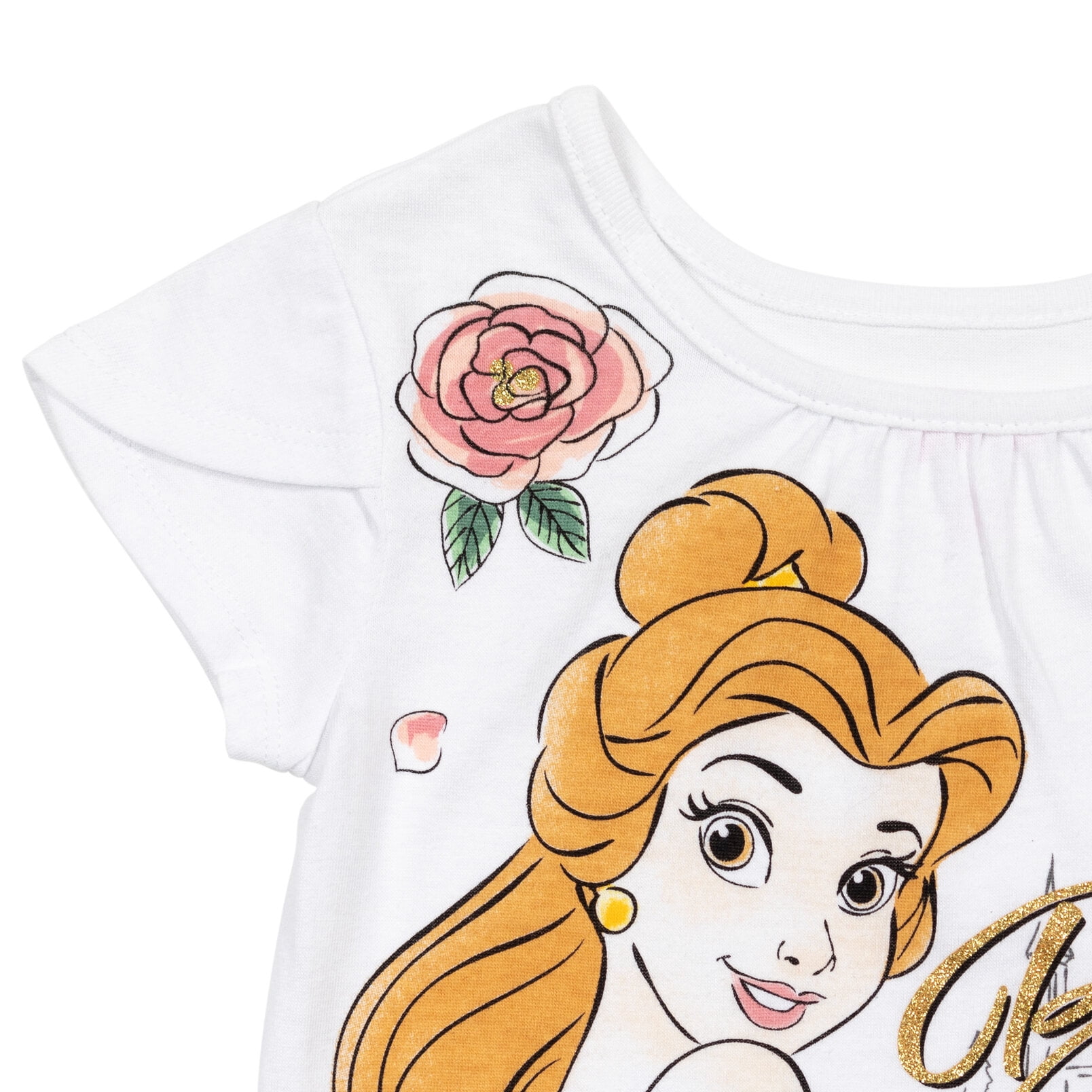 Disney Beauty and the Beast Big Girls' T-Shirt and Tutu Skirt Set with Scrunchie White Gold Belle