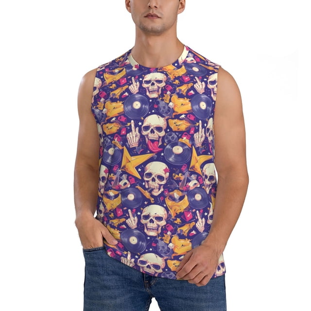 Bingfone rock Skull record Pattern Men's Tank Tops Workout Sleeveless Tee Shirts Running Beach Tanks for Men-3X-Large