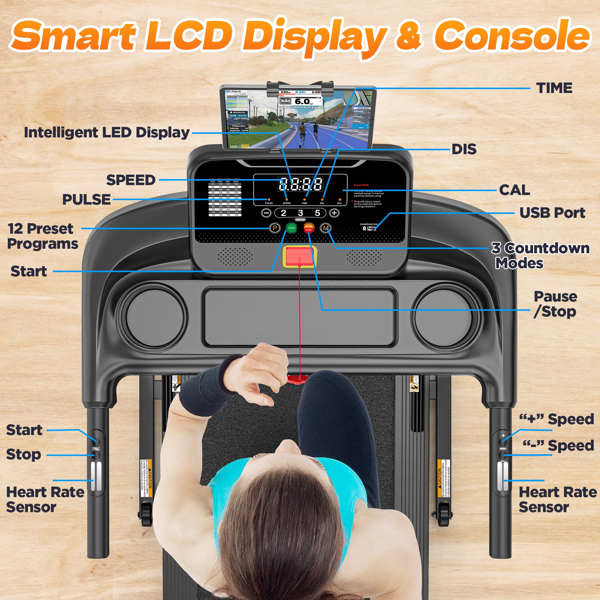 3.55HP Treadmill with 10% Incline 320lb Capacity, Foldable Home 7.5MPH Treadmill, 64+6+1 Smart Program, APP Control with Free Course, Jogging Walking Treadmill w/ Free Knee Pads