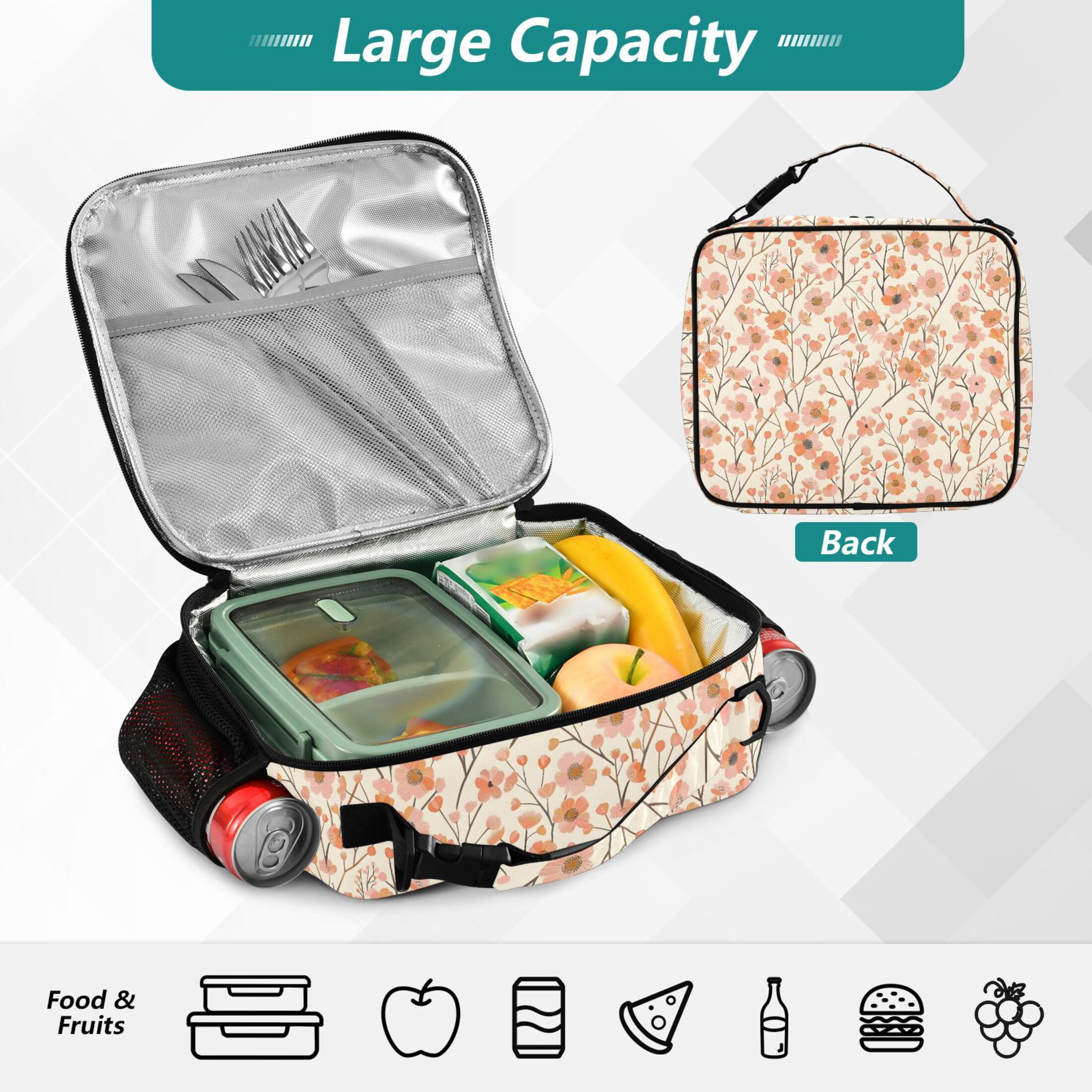 ALAZA Small Floral Lunch Box Insulated Lunch Bag Cooler Tote with Shoulder Strap