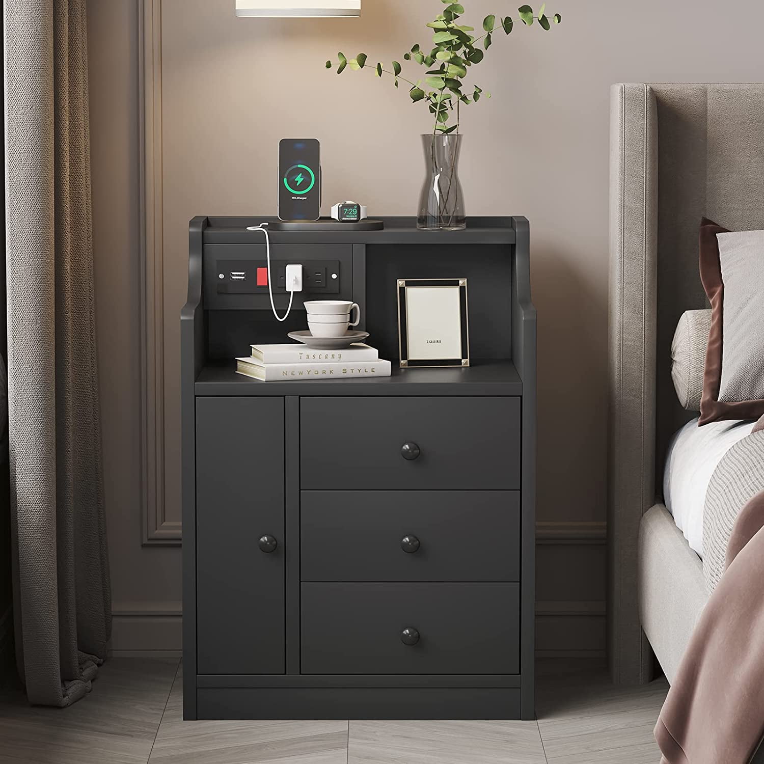Dystler black bedside table with charging station all in one