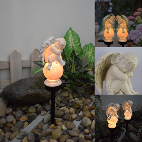 Solar Powered Cherub Garden Statue Outdoor Decorative Lighting for Courtyard and Patio