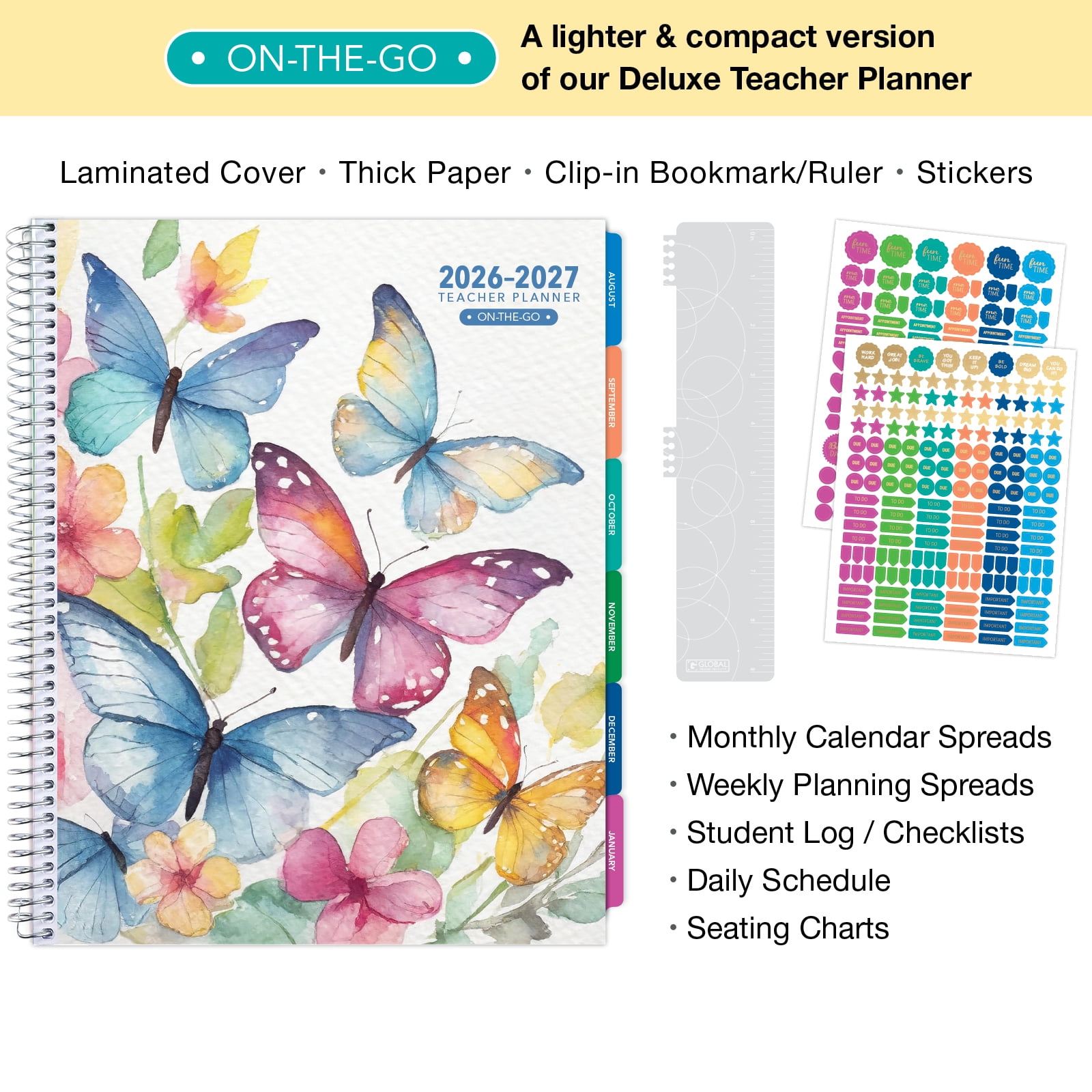 2026-2027 Excello Brands 8.5" x 11" Academic Year Teacher Planner, Weekly/Monthly, 12 Month, Watercolor Butterflies