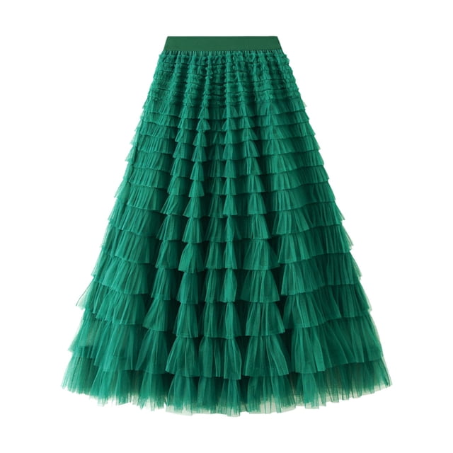 GPOECD Womens Long Skirts A Line Pleated Long Tutu Ruffle Mesh Calf Length Chiffon High Waist Plus Size Skirts 02_Green,L