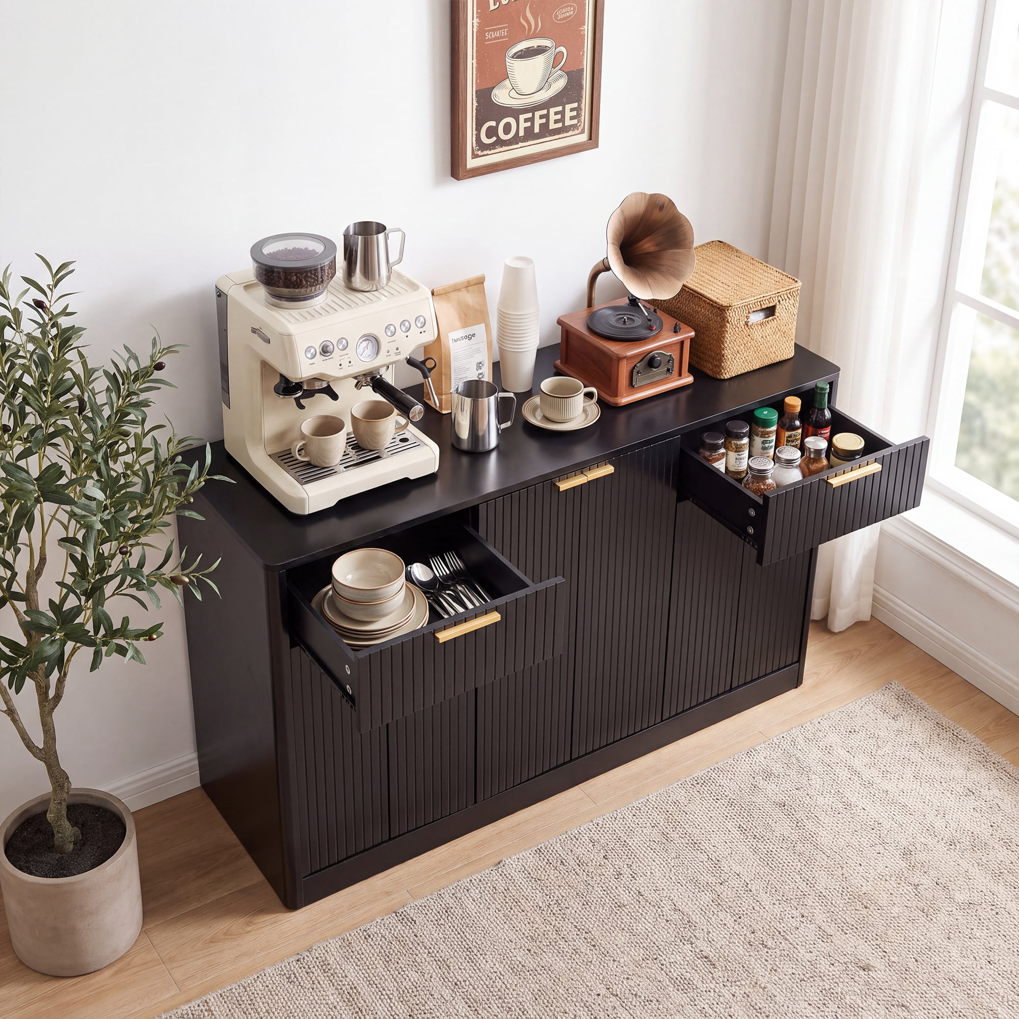 GARITIN 67 Inch Fluted Buffet Sideboard, Modern Wine Bar Storage Cabinet with 6 Doors & 2 Drawers, Coffee Bar Credenza for Dining Room Living Room Entryway, Black