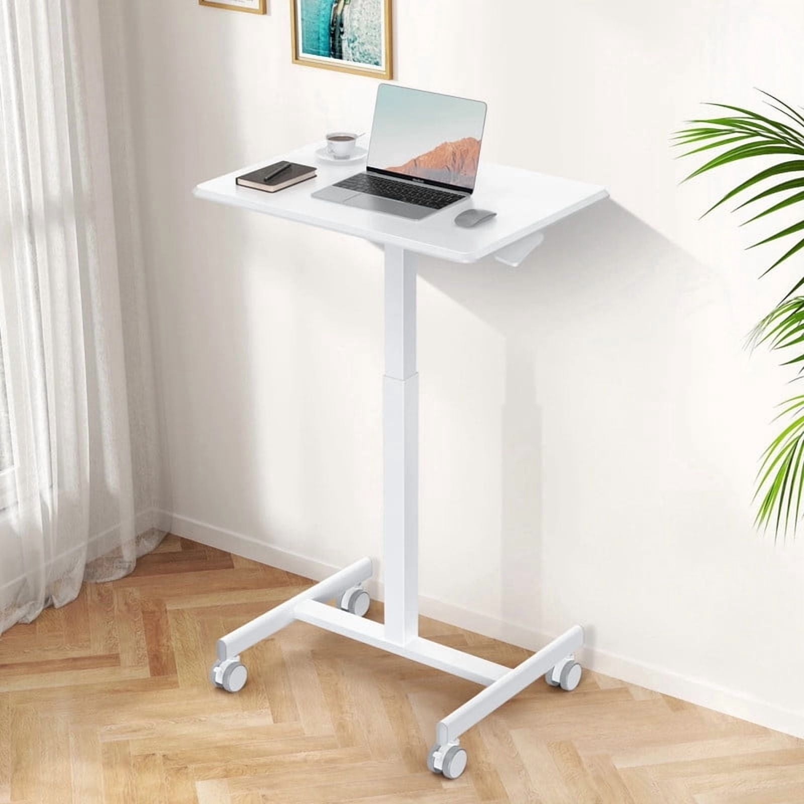 Kelno Mobile Standing Desk Adjustable Height Laptop Desk with Lockable Wheels, White