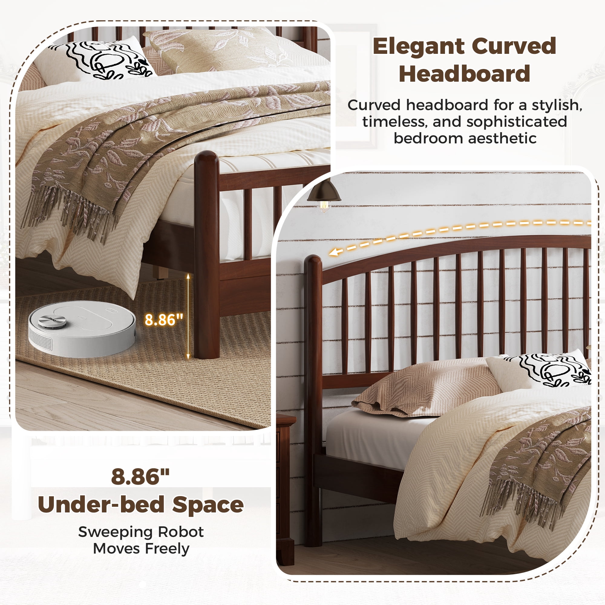 Euroco King Size Wood Platform Bed with Arched Headboard, No Box Spring Needed, Espresso