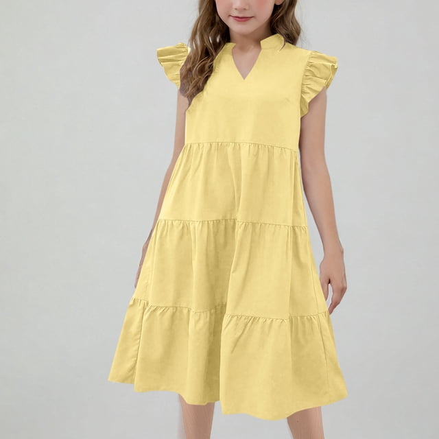WMTBSRSW Offres du Prime Day Robes d'Été pour Filles Robe Longue Décontractée à Manches à Volants pour Enfants 7-12 Ans