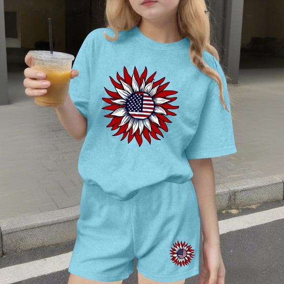 ITSAME Girls 4th of July Outfits 2-Piece, Fashion Print Crewneck T-Shirts and Shorts Casual Clothes Set Sky Blue Size 13-14