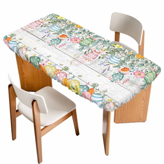 Easter Table Cloths for 5 Foot Rectangle Tables, Spring Eggs Eucalyptus Leaves Wooden Grain Patio Waterproof Elastic Fitted Tablecloths, Washable Rectangular Table Cover for Camping