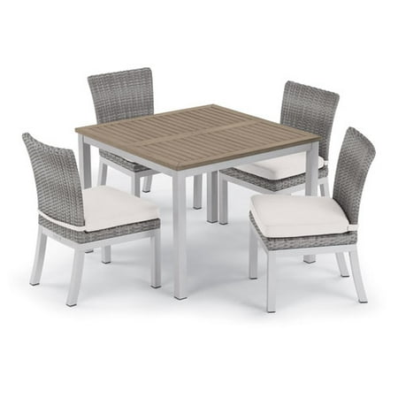 Travira 5 Piece 39 Inch Dining Table And Argento Side Chair Set Powder Coated Aluminum Frame Resin Wicker Argento