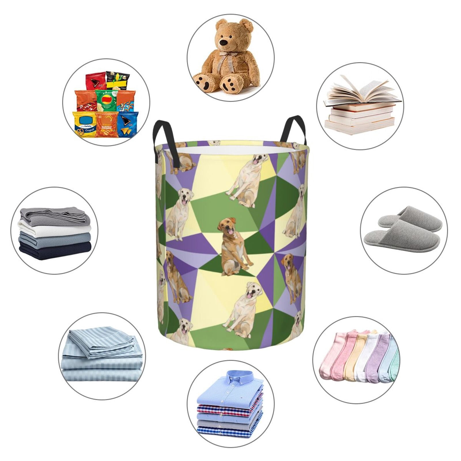 Large Laundry Basket with Handles - Labrador Retriever Dog Green Purple Kids Baby Dirty Clothes Laundry Hamper for Bedroom Aesthetic